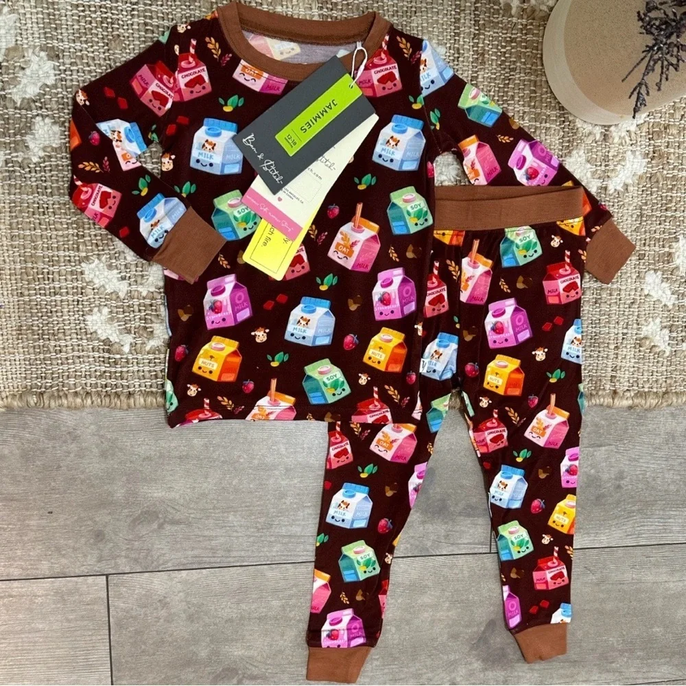 New Boutique Bamboo Milk Theme Long Sleeve Pajamas Set 12-18 Months Boy Girl